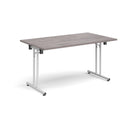 Grey oak rectangular folding leg table with straight foot rails by Dams, featuring a sturdy design and compact folding functionality.