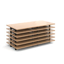 Grey oak rectangular folding leg table with straight foot rails by Dams, shown stacked with other tables.