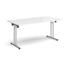White rectangular folding leg table with straight foot rails, Dams brand, showing the table's sturdy design and chrome accents.
