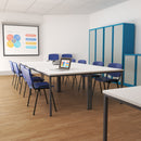 Flexi 25 rectangular dining table by Dams with a silver frame and grey oak tabletop, showcasing its modern design.