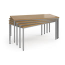 Dams Flexi 25 rectangular table with silver frame and grey oak tabletop, showcasing a modern design with sleek metal legs.