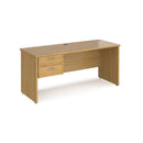 Dams Maestro 25 straight desk with beech finish, 600mm depth, fixed two-drawer pedestal, and panel end leg for office workspace.