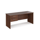 Dams Maestro 25 straight desk with beech finish, 600mm depth, fixed two-drawer pedestal, and panel end leg.