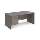 Dams Maestro 25 straight desk with grey oak finish, 800mm deep, fixed 2-drawer pedestal, and panel end leg visible.