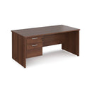 Dams Maestro 25 straight desk in walnut finish with 2-drawer pedestal and panel end leg, 800mm deep, 1600mm wide.