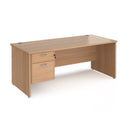 Dams Maestro 25 straight desk in beech finish with 800mm depth, fixed 2-drawer pedestal, and panel end leg for office workspace.