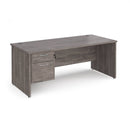 Dams Maestro 25 straight desk in grey oak finish with 2-drawer pedestal and panel end leg, 1800mm length and 800mm deep.