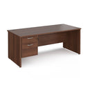 Dams Maestro 25 straight desk in walnut finish, 800mm deep with fixed 2-drawer pedestal and panel end leg.
