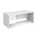White Maestro 25 straight desk with 800mm depth, fixed 2-drawer pedestal, and panel end leg by Dams.