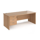 Dams Maestro 25 straight desk in beech finish with 3-drawer pedestal and panel end leg, 1200mm wide and 800mm deep.