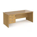 Dams Maestro 25 straight desk with 800mm depth, fixed 3-drawer pedestal, panel end leg, in beech finish