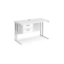 Dams Maestro 25 straight desk with white finish, 600mm deep, fixed 2-drawer pedestal, and cantilever legs in a modern office setting.