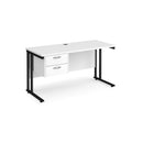 Dams Maestro 25 straight desk with 600mm depth, white and black finish, fixed 2-drawer pedestal, and cantilever leg design.