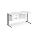 Dams Maestro 25 straight desk with white and silver finish, 600mm deep, fixed two-drawer pedestal, and cantilever legs.