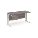 Dams Maestro 25 straight desk in grey oak and white with 600mm depth, fixed 2-drawer pedestal and cantilever legs.