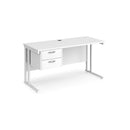 Dams Maestro 25 straight desk with 600mm depth, fixed 2-drawer pedestal, and cantilever legs in white finish.