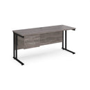 Dams Maestro 25 straight desk in grey oak with black finish, 1600mm wide, 600mm deep, featuring fixed 2-drawer pedestal and cantilever leg