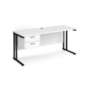 Dams Maestro 25 white and black straight desk with 600mm depth, fixed 2-drawer pedestal, and cantilever leg design.