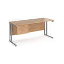 Dams Maestro 25 straight desk with beech silver finish, 600mm depth, fixed 2-drawer pedestal, and cantilever legs.