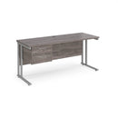 Grey oak Dams Maestro 25 straight desk with 600mm depth, fixed 2-drawer pedestal, and cantilever legs, 1600mm length.