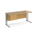 Dams Maestro 25 straight desk in oak silver finish with 2-drawer pedestal and cantilever legs, 1600mm wide and 600mm deep