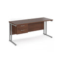 Dams Maestro 25 straight walnut desk with silver finish, 600mm deep, fixed 2-drawer pedestal, and cantilever legs.