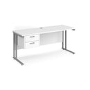 Dams Maestro 25 straight desk with white silver finish, 600mm deep, fixed 2-drawer pedestal, and cantilever legs.