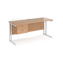 Dams Maestro 25 straight desk with fixed 2-drawer pedestal and cantilever leg, 1600mm beech white finish, 600mm deep.