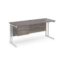Dams Maestro 25 straight desk in grey oak and white, 1600mm, with fixed 2-drawer pedestal and cantilever legs.