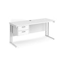 Dams Maestro 25 straight desk with 600mm depth, fixed 2-drawer pedestal, and cantilever legs, white finish.