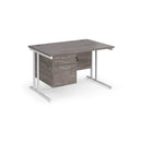 Dams Maestro 25 straight desk with grey oak finish, 800mm deep, fixed 2-drawer pedestal, and cantilever leg design.