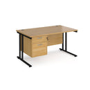 Dams Maestro 25 straight desk with oak and black finish, 800mm deep, fixed 2-drawer pedestal, cantilever leg design