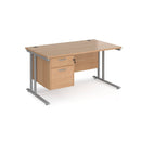 Dams Maestro 25 straight desk with a fixed two-drawer pedestal, 800mm depth, silver finish, and cantilever leg design.