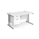 Dams Maestro 25 straight desk with 800mm depth, fixed 2-drawer pedestal, cantilever legs, in white and silver finish.