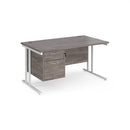 Dams Maestro 25 straight desk with grey oak finish, 800mm deep, fixed 2-drawer pedestal, and cantilever legs.