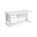 Dams Maestro 25 straight office desk with 800mm depth, fixed 2-drawer pedestal, and cantilever legs in white.