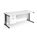 Dams Maestro 25 straight desk in white and black with 800mm depth, fixed 2-drawer pedestal, and cantilever legs