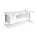 Dams Maestro 25 straight desk with 800mm depth, fixed 2-drawer pedestal, white finish, and cantilever legs.