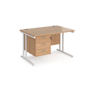 Dams Maestro 25 straight desk in white beech finish with 3-drawer pedestal and cantilever legs, 1200mm wide and 800mm deep.