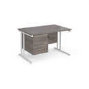 Dams Maestro 25 straight desk in grey oak and white with 3-drawer pedestal and cantilever legs, 1200mm length, 800mm depth.