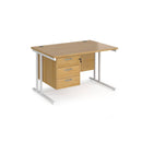 Dams Maestro 25 straight desk with white oak finish, 800mm deep, fixed 3-drawer pedestal, and cantilever legs.