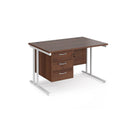 Dams Maestro 25 straight desk with walnut white finish, 800mm deep, fixed 3-drawer pedestal, and cantilever legs.