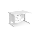 Dams Maestro 25 straight desk with 800mm depth, fixed 3-drawer pedestal, and cantilever legs in white.