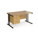 Dams Maestro 25 straight desk with black oak finish, 800mm deep, fixed 3-drawer pedestal, and cantilever legs.