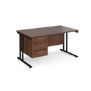 Dams Maestro 25 straight desk in walnut and black with 800mm depth, fixed 3-drawer pedestal, and cantilever legs.
