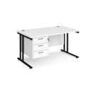 Dams Maestro 25 straight desk with 800mm depth, white and black finish, fixed 3-drawer pedestal, and cantilever legs.