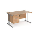 Dams Maestro 25 straight desk with fixed 3-drawer pedestal, beech and silver finish, 800mm deep with cantilever legs.