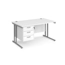Dams Maestro 25 straight desk with white silver finish, 800mm deep, fixed 3-drawer pedestal, and cantilever leg design.