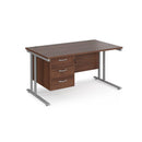 Dams Maestro 25 straight desk with walnut finish, 800mm deep, fixed 3-drawer pedestal, and cantilever legs in a modern office setting