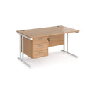 Dams Maestro 25 straight desk with 800mm depth, white beech finish, fixed 3-drawer pedestal, and cantilever legs.